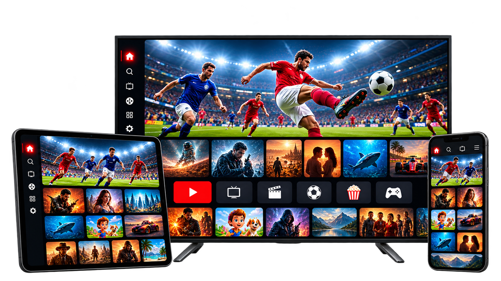 Fernseher, Tablet und Smartphone mit einer Streaming-Oberfläche, die Sport, Filme und Serien zeigt