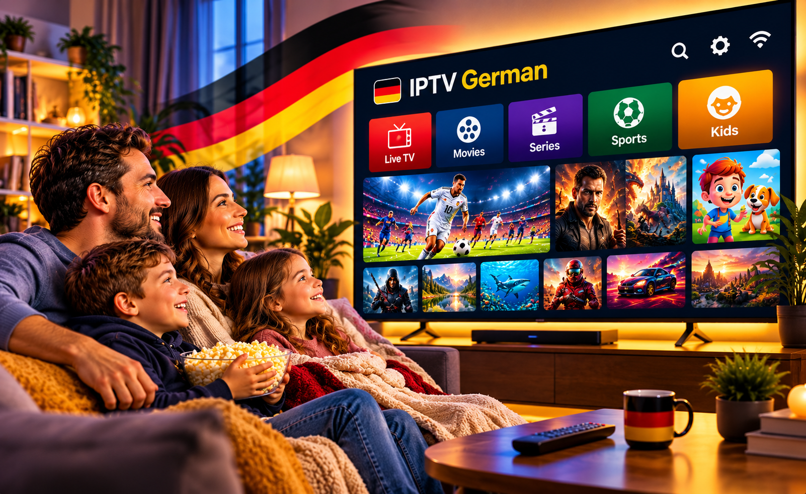 Familie schaut gemeinsam IPTV auf einem großen Fernseher im Wohnzimmer